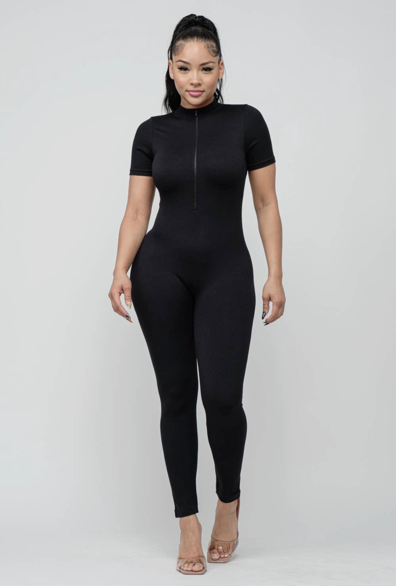 Shape Black Stretch Seamless Zip Front Long Sleeve Jumpsuit