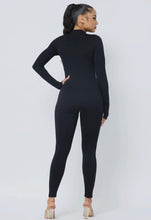 Load image into Gallery viewer, Black Front Zipper Mock Neck Open Thumb Long Sleeve Jumpsuit - Real Black N Beyond
