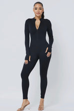 Load image into Gallery viewer, Black Front Zipper Mock Neck Open Thumb Long Sleeve Jumpsuit - Real Black N Beyond
