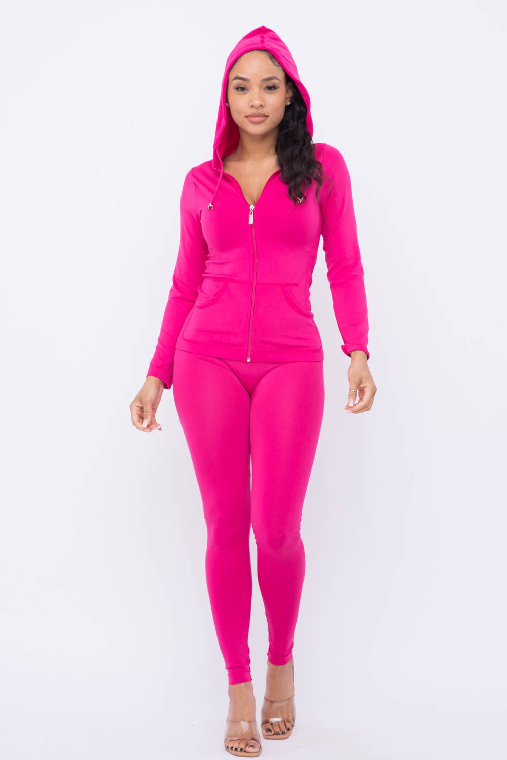 Seamless Zip Up Hoodie Jacket And Leggings Set: Hot Pink