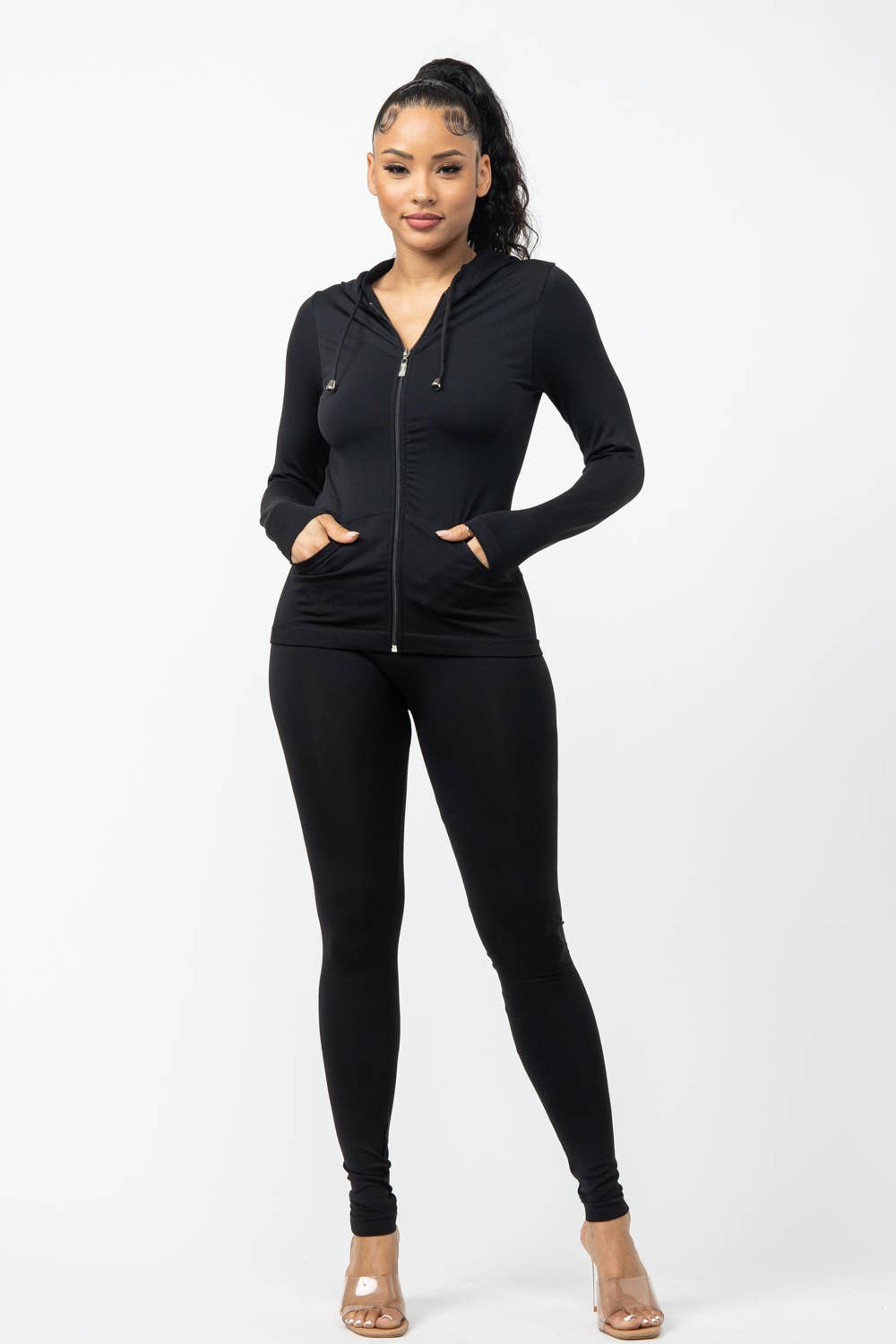 Seamless Zip Up Hoodie Jacket And Leggings Set: BLACK