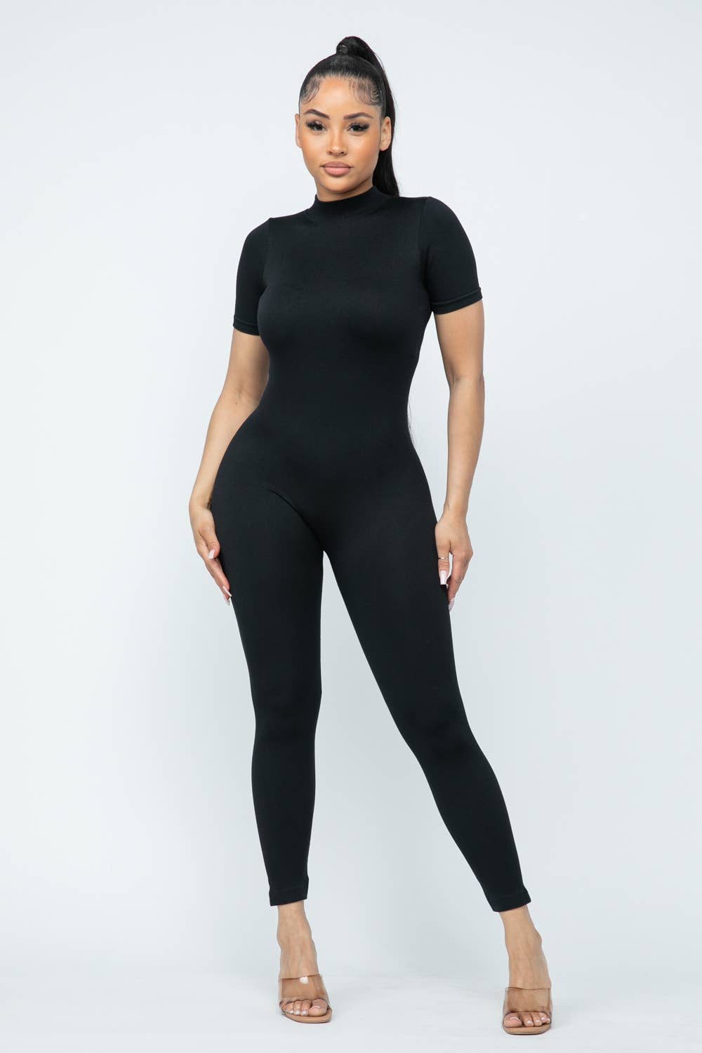 Seamless Solid Back Zipper Short Sleeve Jumpsuit